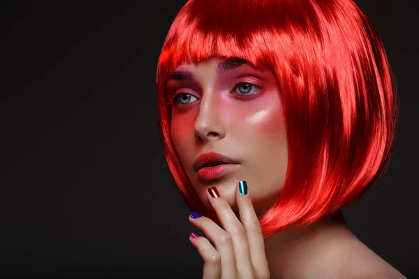 Beautiful girl in red wig — Stock Photo, Image