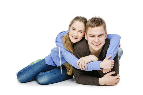 Teen boy and girl taking selfie photo — Stock Photo, Image