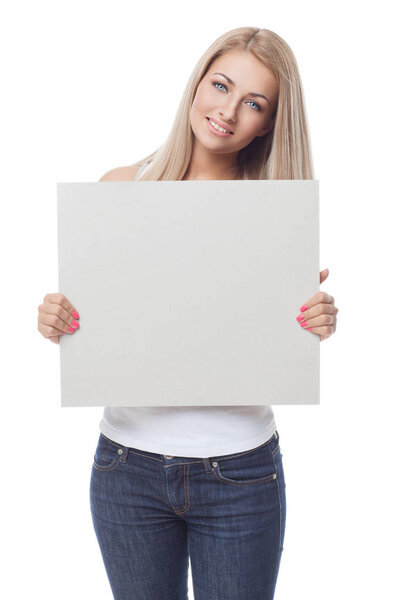 Beautiful blond girl holding blank poster