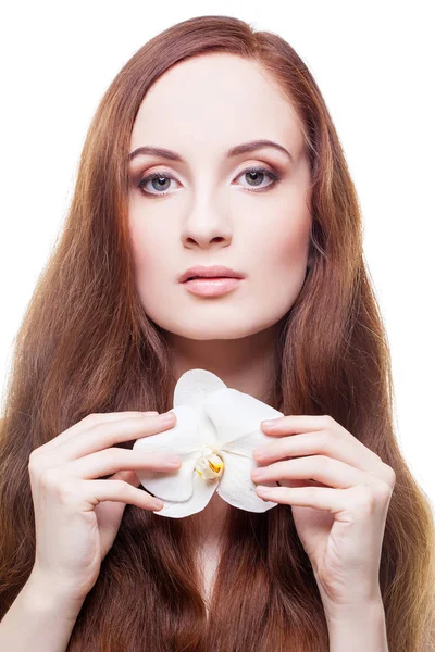 Beautiful girl with long red brown hair — Stock Photo, Image