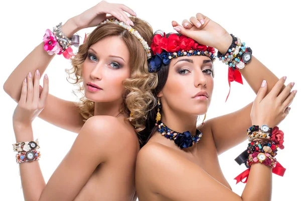 Beautiful girls with many ribbon accessories — Stock Photo, Image