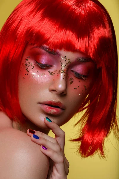 Beautiful girl in red wig — Stock Photo, Image