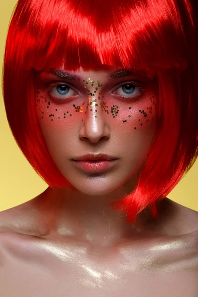 Beautiful girl in red wig — Stock Photo, Image