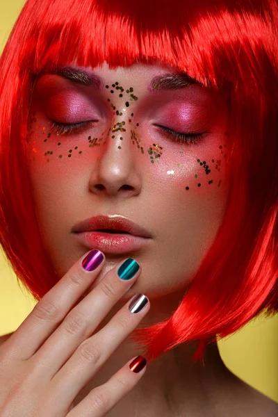 Beautiful girl in red wig — Stock Photo, Image