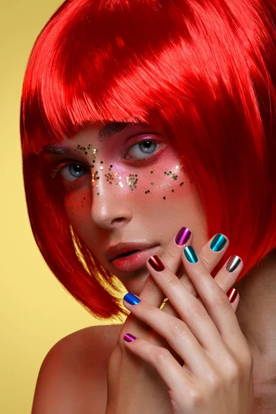 Beautiful girl in red wig — Stock Photo, Image