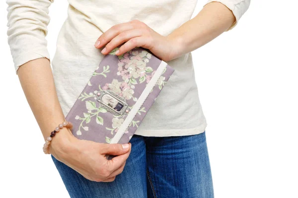 Beautiful scrapbooking folder in woman hand — Stock Photo, Image