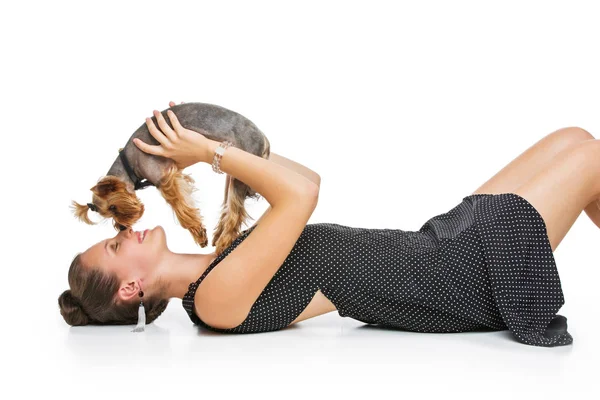 Girl with yorkie dog — Stock Photo, Image