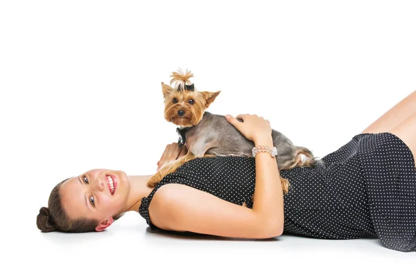 Girl with yorkie dog — Stock Photo, Image