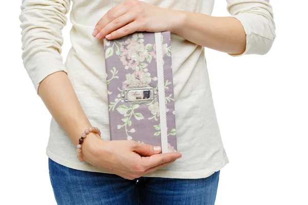 Beautiful scrapbooking folder in woman hand — Stock Photo, Image