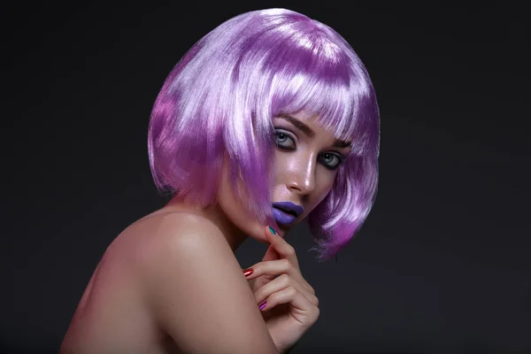 Beautiful girl in purple wig — Stock Photo, Image