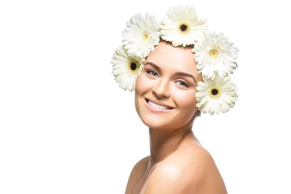 Beautiful girl with white flowers on head — Stock Photo, Image