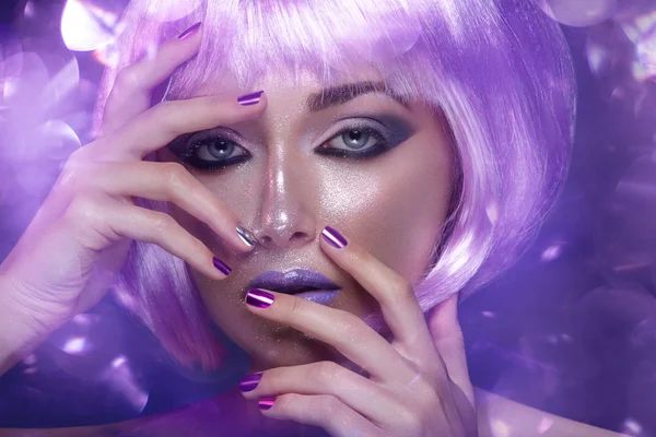 Beautiful woman wearing purple wig — Stock Photo, Image