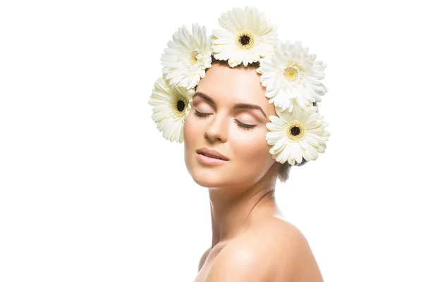 Beautiful girl with white flowers on head — Stock Photo, Image