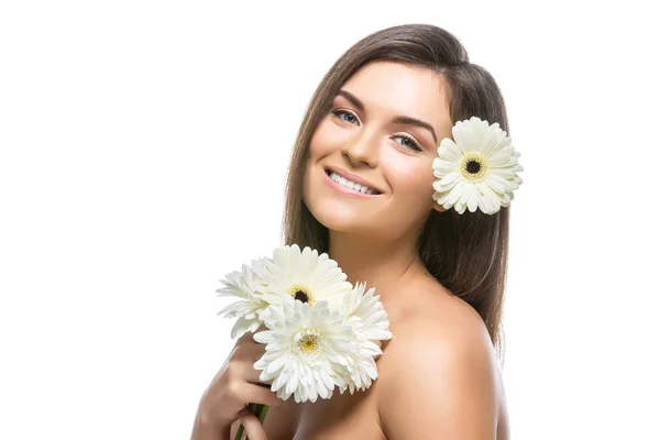 Hermosa chica con flores blancas —  Fotos de Stock