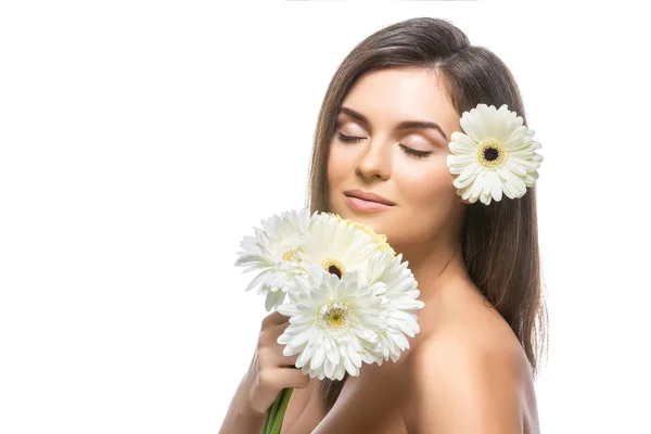 Beautiful girl with white flowers — Stock Photo, Image