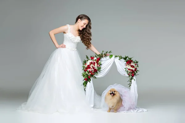 Nevěsta se psem pod květiny oblouk — Stock fotografie