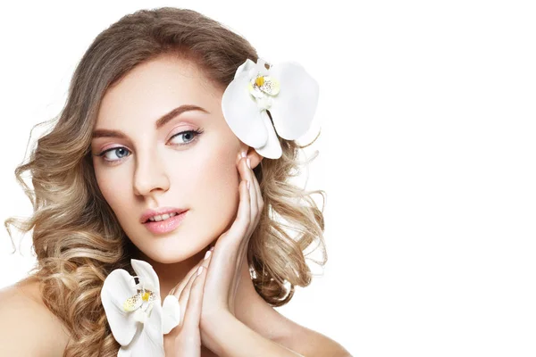 Beautiful blond girl with flower — Stock Photo, Image