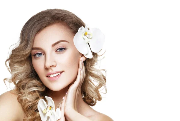 Beautiful blond girl with flower — Stock Photo, Image