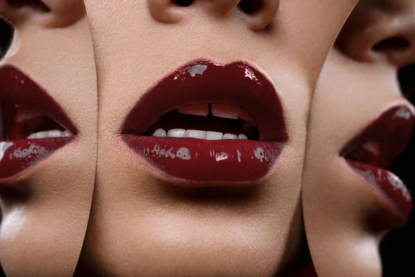 Bela mulher lábios close-up com reflexos de espelho — Fotografia de Stock