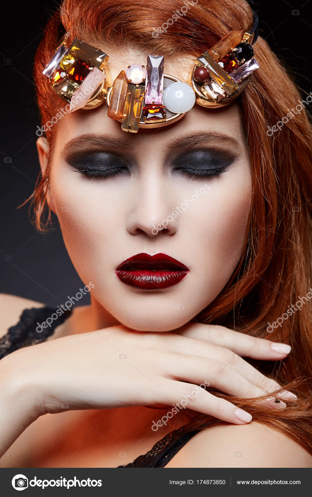 Beautiful Girl With Bright Makeup And Red Hair Stock Photo Beautiful Girl With Bright Makeup And