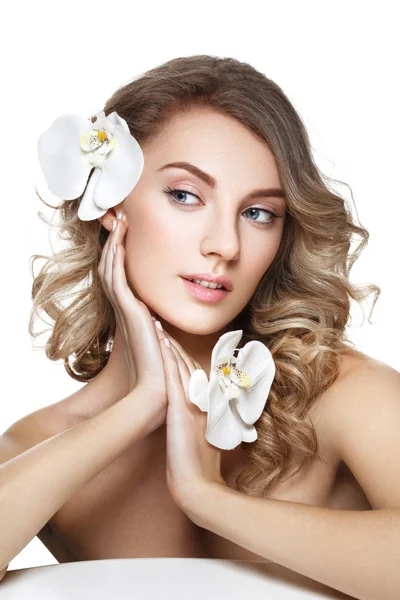 Beautiful blond girl with flower — Stock Photo, Image