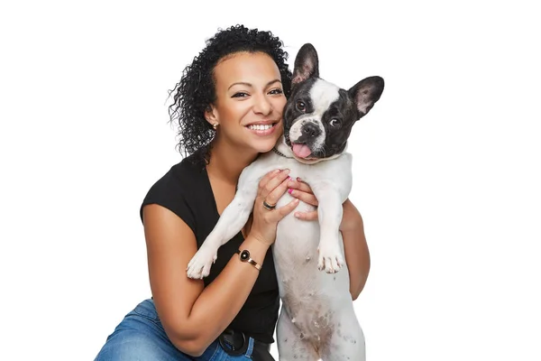 Jovem mulher com bulldog francês cão — Fotografia de Stock