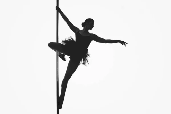 Gyönyörű pole-táncos lány sziluettje — Stock Fotó