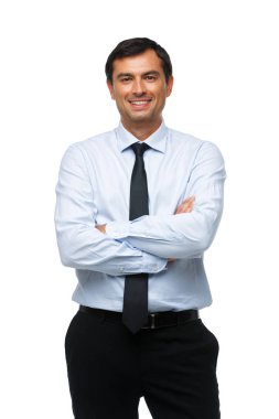 Mavi gömlekli yakışıklı işadamı