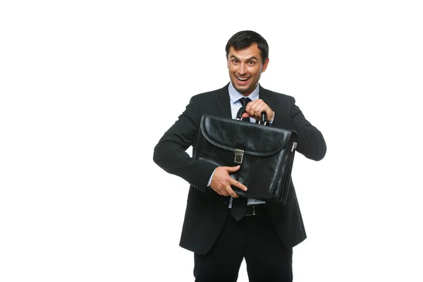 Schöner Geschäftsmann im Anzug mit Aktentasche — Stockfoto