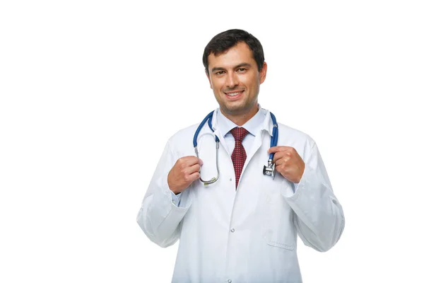 Médico en bata blanca con estetoscopio — Foto de Stock