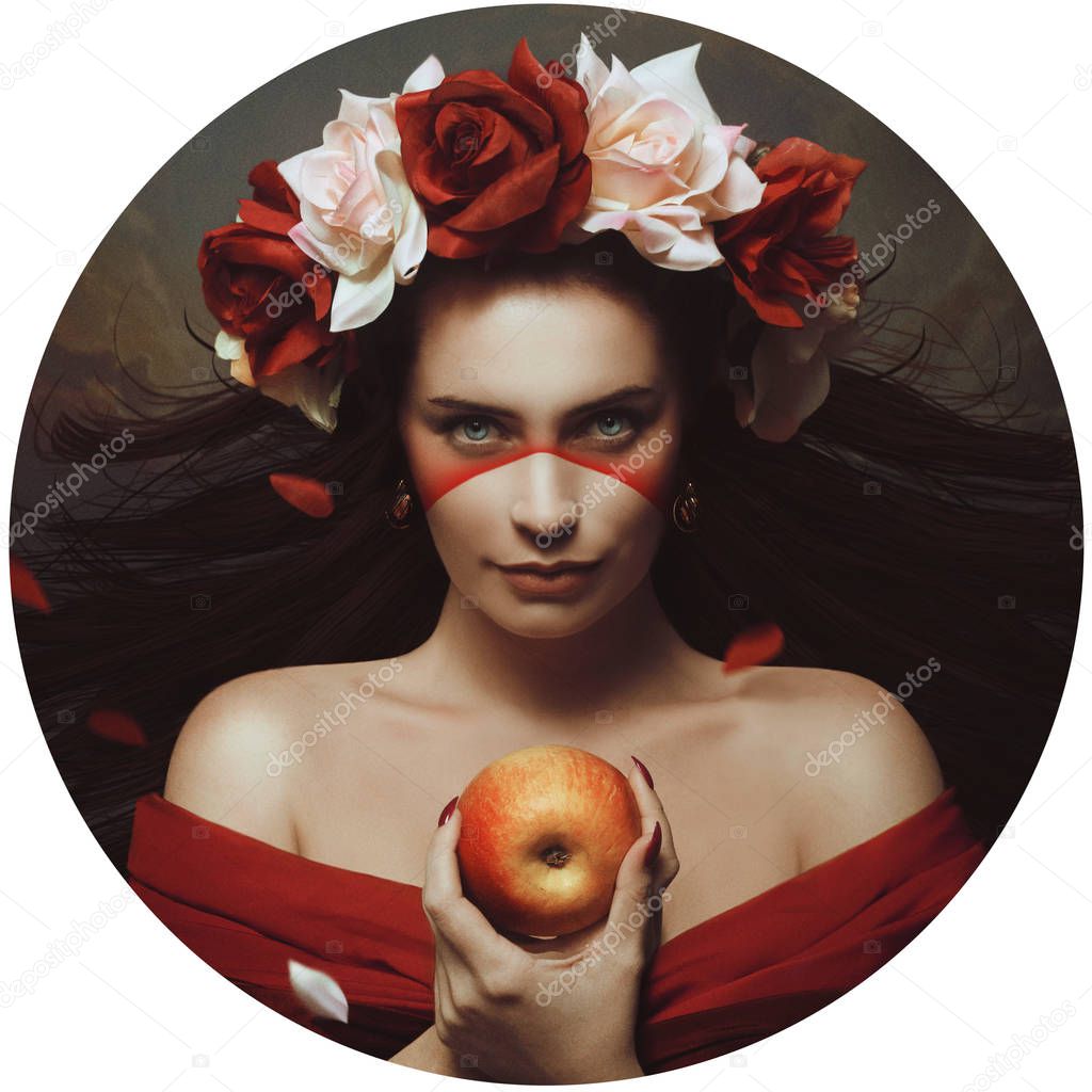 Portrait of a beautiful girl. A wreath on the head.Computer art. Thoughts