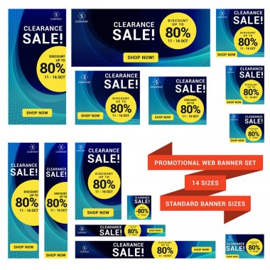 Çok amaçlı Web afiş kümesi 14 boyutlarda. Belge yapıldı ölçeği aşağı % 50, ilâ %200 gerçek boyutu elde etmek için ölçek veya tek tek el ile yeniden boyutlandırabilirsiniz. 