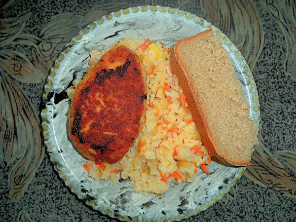 Chuleta Frita Con Arroz Verduras — Foto de Stock