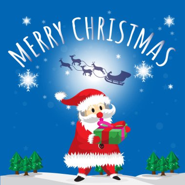 Santa Carry Hediyelik ve mutlu Noeller Blues arka plan ağaç çizgi film