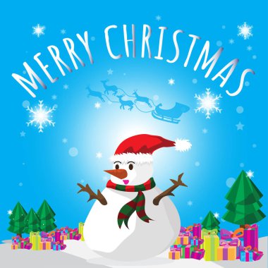 Kardan adam Noel Baba mutlu Noeller Blues arka plan ağaç ve Hediyelik çizgi film