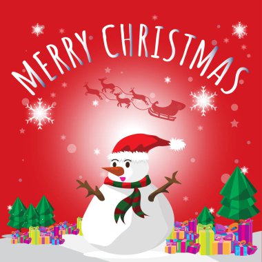 Kardan adam Santa Merry Christmas kırmızı arka plan ağaç ve Hediyelik çizgi film