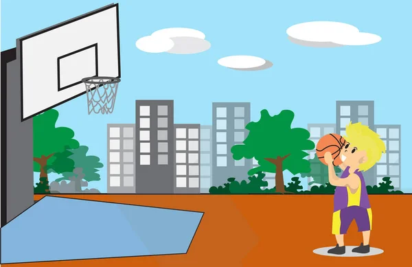 Garçon jouer au basket-ball personnage design dessin animé et fond de rue — Image vectorielle