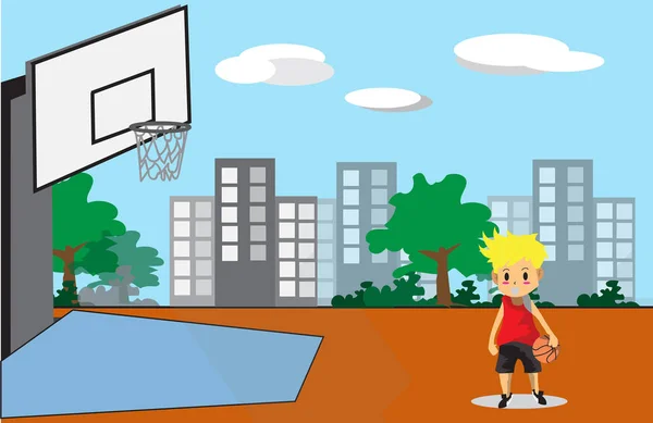Çocuk basketbol oynamak karakter tasarım çizgi film sanat ve sokak arka plan — Stok Vektör