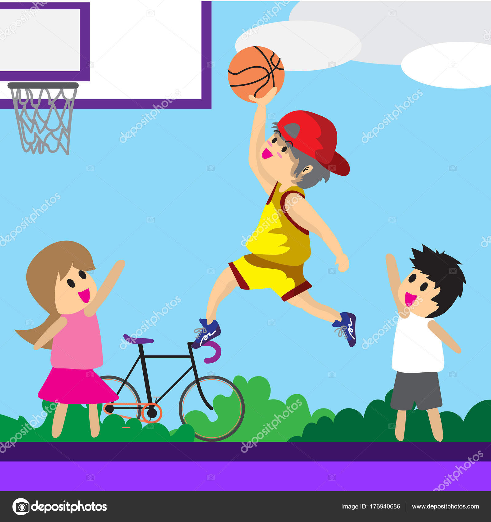 Boy Play Basketball Character Design Cartoon Art Basketball Court Background Illustration Stock Vector C Longgilbert