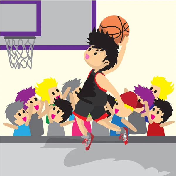 Niño Jugar Baloncesto personaje diseño dibujos animados arte baloncesto cancha fondo ilustración — Vector de stock