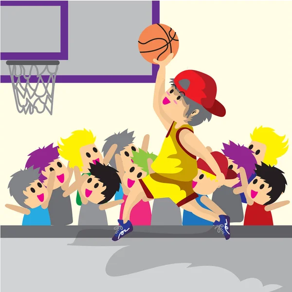男孩打篮球字符设计卡通艺术篮球场背景插图 — 图库矢量图片