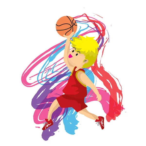 소년 농구 플레이 캐릭터 디자인 만화 아트 멀티 컬러 배경 그림 — 스톡 벡터