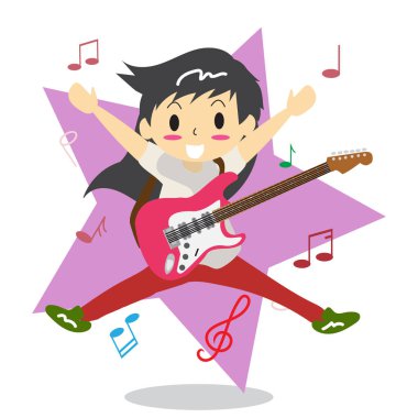 Genç çocuk uzun saç elektrik rock gitar mutlu aşk müzik oynamaya karikatür tarzı arka plan karakter illüstrasyon tasarlamak vektör yıldız