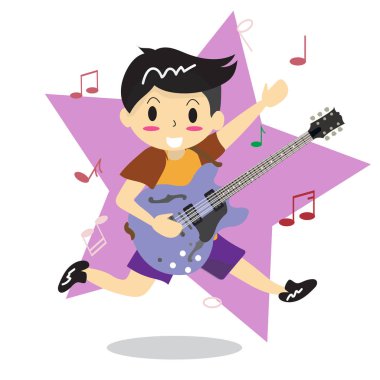 Elektrik caz gitar mutlu aşk müzik yıldız plan karakter tasarım illüstrasyon vektör oyun çizgi film tarzı oung çocuk