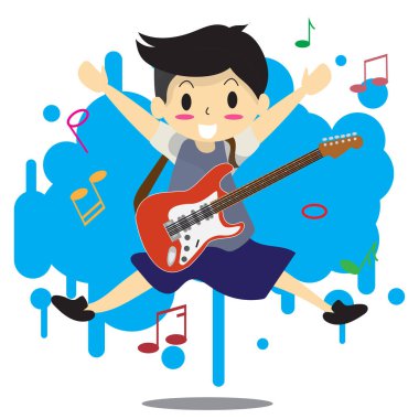 Genç çocuk elektrik rock gitar mutlu aşk müzik arka plan karakter tasarım illüstrasyon vektör soyut oyun çizgi film tarzı