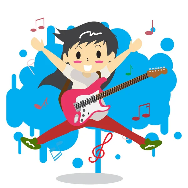 電気ロック ギター幸せな愛を演奏若い男の子長い髪星背景キャラクター デザイン イラスト漫画のスタイルで — ストックベクタ