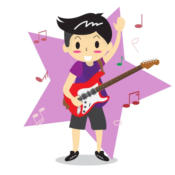 Oung Boy Playing Electric Guitar Happy Love Music Star Background — Stock Vector