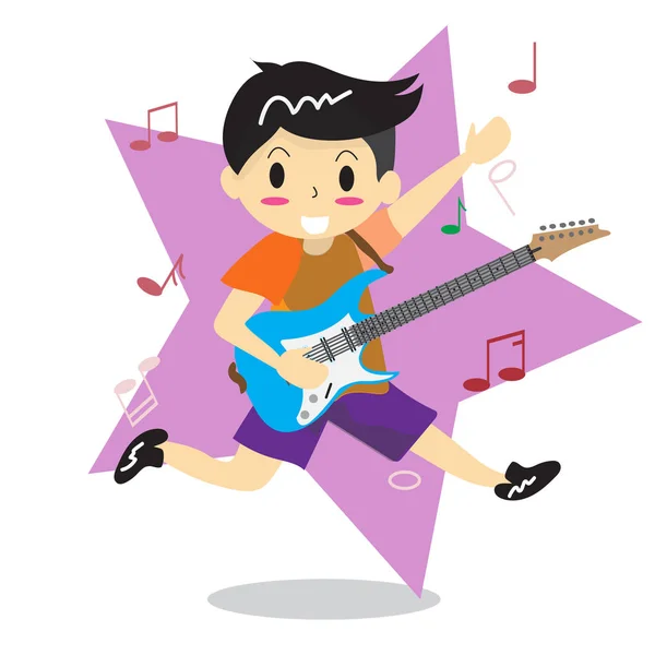 Joven Tocando Guitarra Rock Eléctrico Happy Love Música Estrella Fondo — Vector de stock