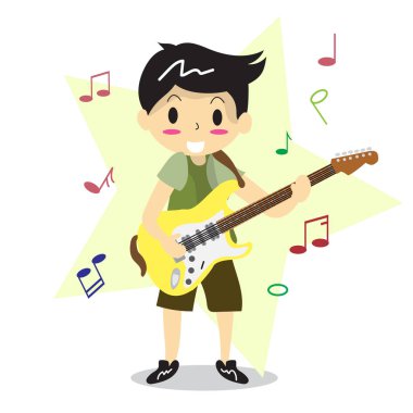 Genç çocuk çizgi film style2 elektro gitar mutlu aşk müzik yıldız plan karakter tasarım illüstrasyon vektör oynarken