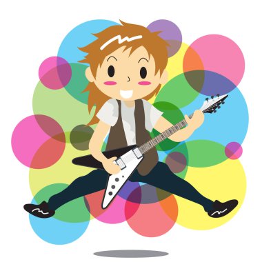 Genç çocuk çizgi film style4 içinde elektrik rock gitar mutlu aşk müzik renk arka plan karakter tasarım illüstrasyon vektör oynarken